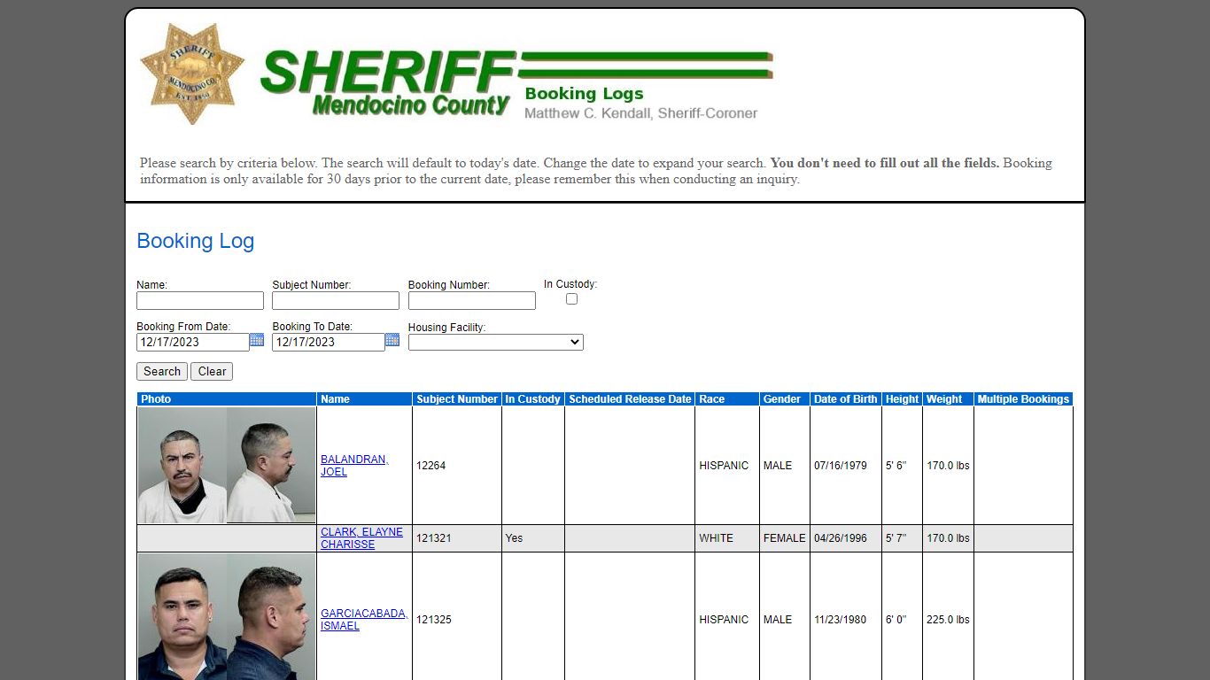 Booking Log - Mendocino County Sheriff's Office